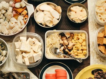 High angle view of various food in bowls