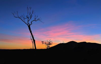 Silhouette bare tree on landscape against sky during sunset