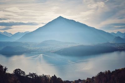 Panoramic view of mountains against sky during sunset