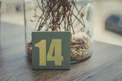 Close-up of text on table