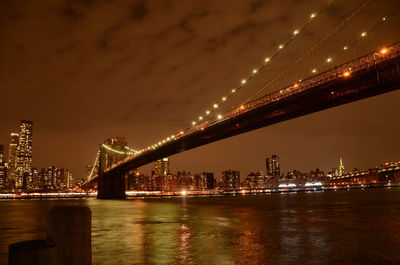 Illuminated city by river against sky at night