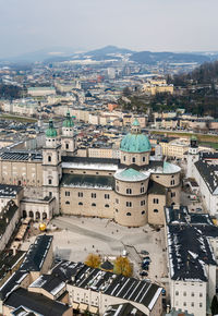 High angle view of townscape against sky in city