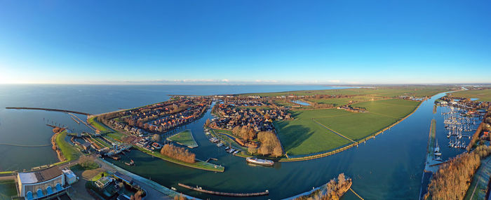 Aerial panorama from the city stavoren at the ijsselmeer in friesland the netherlands