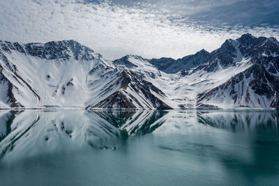 Scenic view of lake and snowcapped mountains