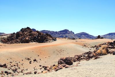Scenic view of desert against clear blue sky