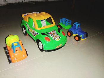 High angle view of toy car on floor