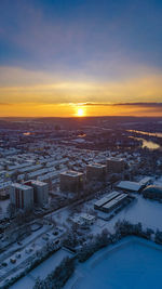 High angle view of townscape against sky during sunset in regensburg