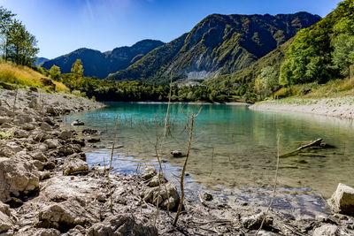 Scenic view of lake against blue sky