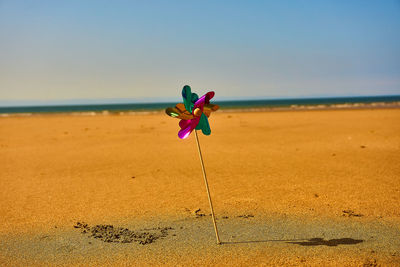 Toy on beach against clear sky