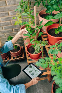 Midsection of man gardening in yard