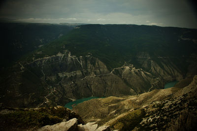 Scenic view of mountains against cloudy sky