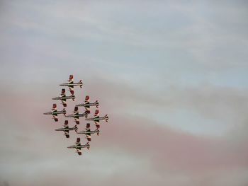 Low angle view of airplanes flying against sky