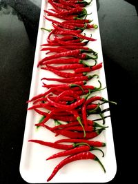 High angle view of red chili peppers