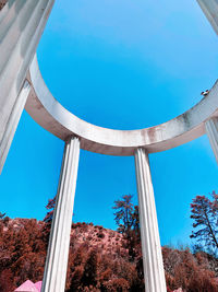 Low angle view of bridge against clear blue sky