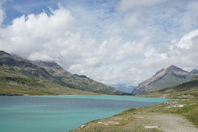 Scenic view of lake against cloudy sky