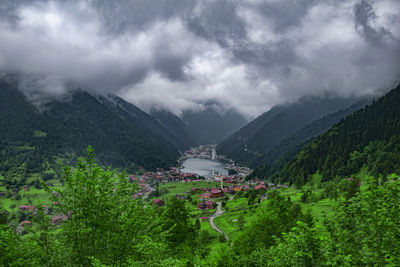 Panoramic view of buildings against cloudy sky. landscape in uzungol, turkey