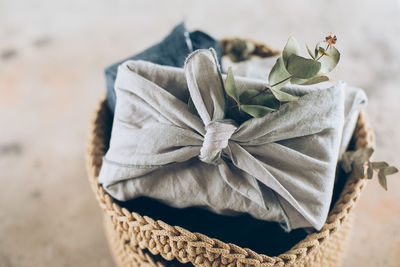 Close-up of plant in knitted bag