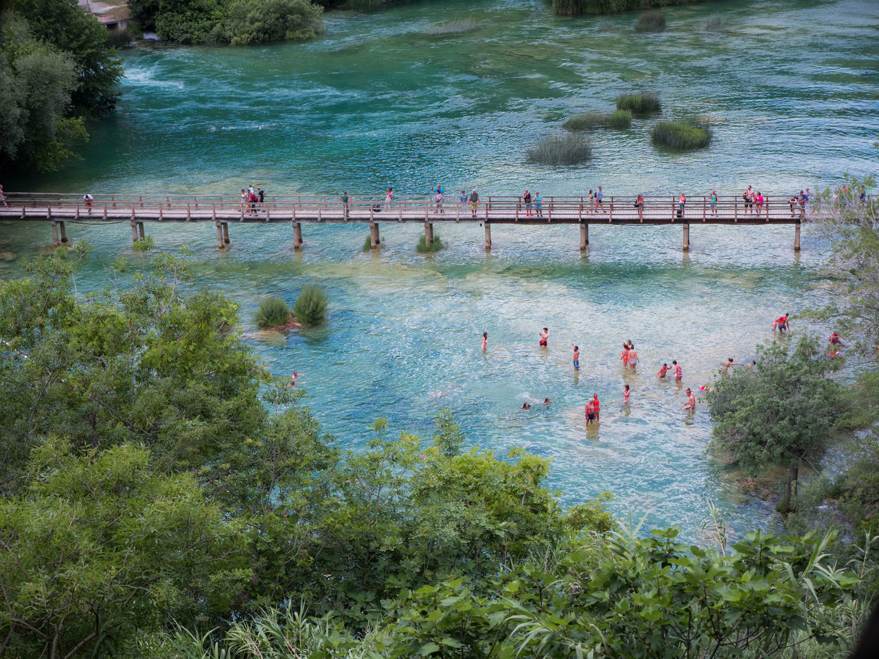 HIGH ANGLE VIEW OF PEOPLE SWIMMING IN RIVER BY TREES