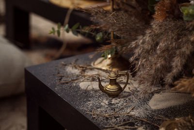 High angle view of old table