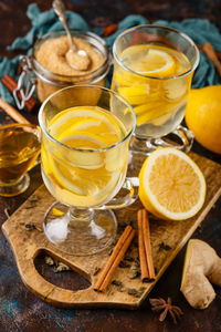 High angle view of drinks on table