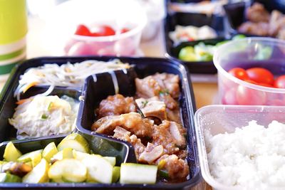Close-up of food served on table