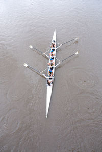 High angle view of people canoeing at lake