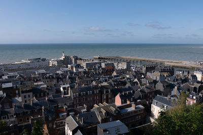 High angle view of buildings in sea