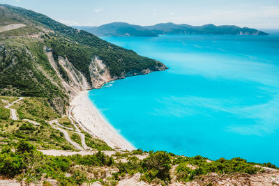 High angle view of bay against sky