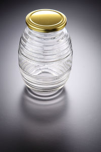 High angle view of empty glass jar on table