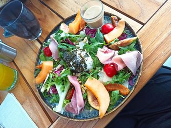 High angle view of breakfast served on table