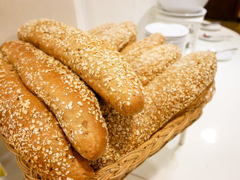 High angle view of bread in basket on table