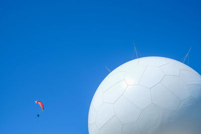 Low angle view of basketball hoop against blue sky