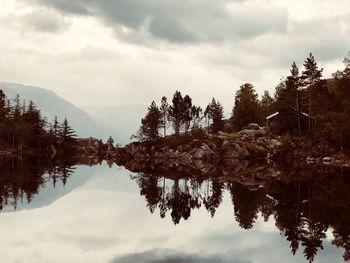 Reflection of trees in lake against sky