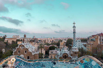 Park guell created by antoni gaudi. beautiful colorful architecture with ceramic mosaic in barcelona