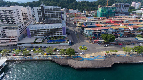 High angle view of swimming pool in city