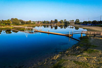 Scenic view of river against clear blue sky