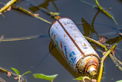 High angle view of rusty ship in lake