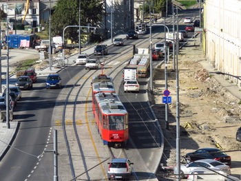 High angle view of traffic on road in city