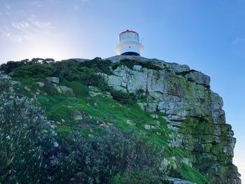 Low angle view of lighthouse by building against sky