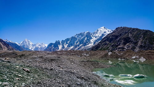 Scenic view of snowcapped mountains against clear blue sky