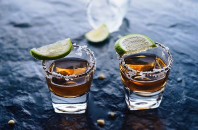 High angle view of whiskey on table