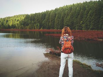 Rear view of woman standing in forest against sky