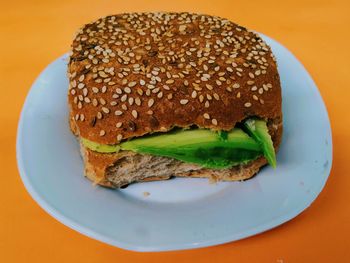 Close-up of avocado whole wheat sandwich