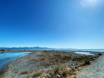 Scenic view of beach against clear blue sky