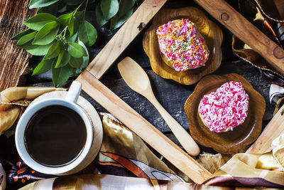 High angle view of coffee on table