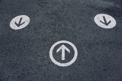 High angle view of road sign on street