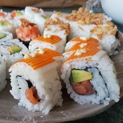 Close-up of sushi served in plate