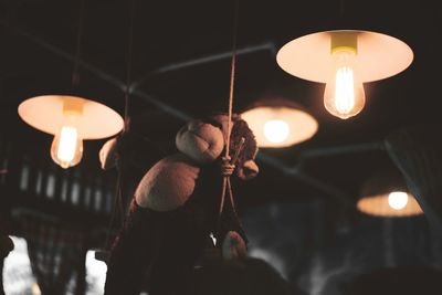 Stuffed toy against illuminated light bulbs hanging from ceiling