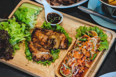 High angle view of food served on table