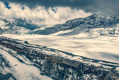 Scenic view of snow covered mountains against sky